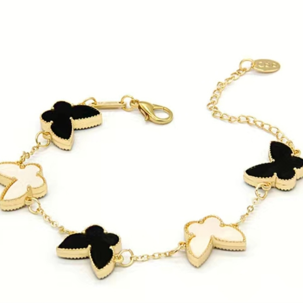 5 Station Black Onyx & Mother of Pearl Butterfly Motif Bracelet
